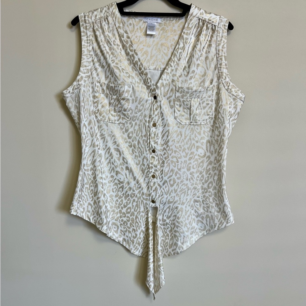 💛 Cache Gold Metallic Leopard Print Sleeveless Blouse – Size M